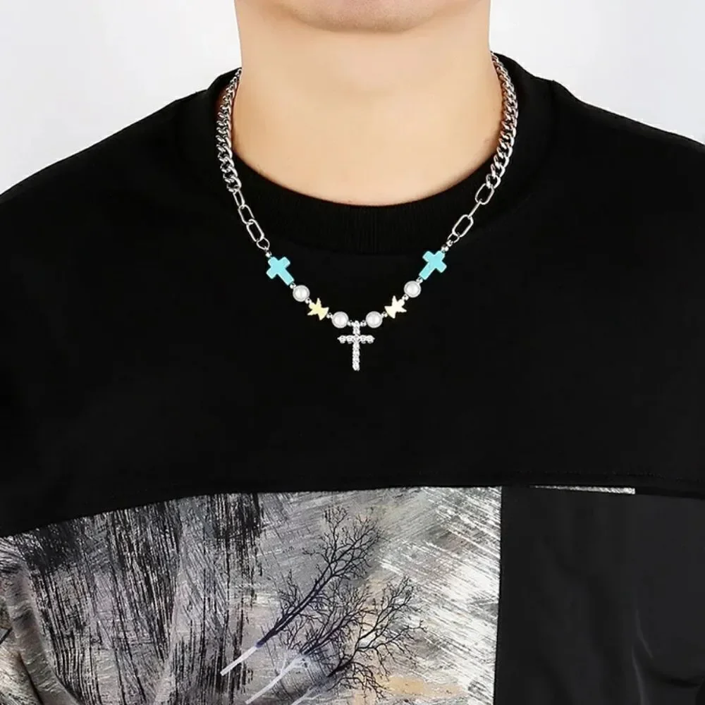 Blue Cross Pearl chain necklace